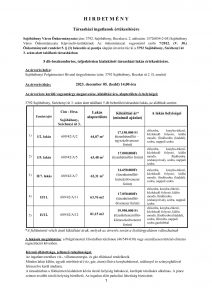 H I R D ET M É N Y Társasházi ingatlanok értékesítésére Sajóbábony Város Önkormányzata (cím: 3792. Sajóbábony, Bocskai u. 2. adószám: 15726054-2-05) Sajóbábony Város Önkormányzata Képviselő-testületének Az önkormányzat vagyonáról szóló 7/2012. (V. 30.) Önkormányzati rendelet 5. § (3) bekezdés a) pontja alapján árverést tűz ki a 3792 Sajóbábony, Széchenyi út 3. szám alatt található társasházban 5 db összkomfortos, teljeskörűen kialakított társasházi lakás értékesítésére. Az árverés helye: Sajóbábonyi Polgármesteri Hivatal tárgyalóterme (cím: 3792 Sajóbábony, Bocskai út 2. II. emelet) Az árverés ideje: 2023. december 05. (kedd) 14,00 óra Az árverésre kerülő vagyontárgy megnevezése, kikiáltási ára, alapterülete és helyiségei: 3792 Sajóbábony, Széchenyi út 3. szám alatt található 5 db belterületi társasházi lakás, az alábbiak szerint: Emelet/ajtó Cím - Hrsz. Sajóbábony, Széchenyi út 3. Lakás alapterülete Kikiáltási ár* (minimál ajánlat) A lakás helyiségei 1) I/2. lakás 689/42/A/2 64,07 m2 17.150.000 Ft (tizenhétmillió – egyszázötvenezer forint) előszoba, konyha-étkező, közlekedő folyosó, külön mosdó, fürdőszoba (káddal), szoba, nappali szoba 2) I/5. lakás 689/42/A/5 63,48 m2 17.000.000Ft (tizenhétmillió forint) előszoba, konyha-étkező, közlekedő folyosó, külön mosdó, fürdőszoba (zuhanyzóval), szoba, nappali szoba 3) II/7. lakás 689/42/A/7 62,31 m2 16.650.000Ft (tizenhatmillióhatszázötvenezer forint) előszoba, konyha-étkező, közlekedő folyosó, külön mosdó, fürdőszoba (káddal), szoba, nappali szoba 4) II/11. 689/42/A/11 63,76 m2 17.050.000Ft (tizenhétmillióötvenezer forint) előszoba, konyha-étkező, közlekedő folyosó, külön mosdó, fürdőszoba (zuhanyzóval), szoba, nappali szoba 5) II/12. 689/42/A/12 81,15 m2 19.950.000 Ft (tizenkilencmilliókilencszázötvenezer forint) előszoba, konyha-étkező, közlekedő folyosó, külön mosdó, fürdőszoba (káddal), szoba, félszoba, nappali szoba gardróbbal *A feltüntetett vételi árak kikiáltási árak, melyek az árverés során a licittárgyaláson változhatnak A lakások megtekintése: a Polgármesteri Hivatalban telefonon (46/549-030) vagy személyesen történő előzetes regisztrációt követően. Közmű ellátottsága, jellemző tulajdonságai: Az ingatlanvezetékes víz-, villamosenergia- és gáz ellátással rendelkezik. Minden lakás külön, egyedi mérőórával (víz, gáz, áram) illetve konyhabútorral, redőnnyel és szúnyoghálóval felszerelve kerül átadásra. A társasházban a földszinten kialakított közös tároló helyiség babakocsi, kerékpár tárolására alkalmas. A pince szinten további tároló helyiség bérelhető. Az ingatlan előtt parkolási lehetőség biztosított. 2 Az ingatlan tehermentesen kerül árverésre. Tájékoztatás arról, hogy az árverésre meddig, milyen módon és hol lehet jelentkezni: Az árveréssel kapcsolatban érdeklődni a Sajóbábonyi Polgármesteri Hivatalban a 46/549-030-as telefonszámon vagy személyesen lehet. Az árverésre jelentkezni személyesen, vagy meghatalmazott útján 2023. november 30. (csütörtök) napján 16,00 óráig lehet a Sajóbábonyi Polgármesteri Hivatal Titkárságán, az árverési biztosíték letétbe helyezésének igazolása mellett. Az árverésen kizárólag az vehet részt, illetve az adhat képviseleti meghatalmazást, akinek a nevére az árverési előleg letétbe helyezésre került és győztessé nyilvánítása esetén az árverező kizárólag vele köti meg a szerződést. A nyertes árverési vevő letétjét be kell számítani a vételárba. A meghatalmazást közokiratba, vagy teljes bizonyítóerejű magánokiratba kell foglalni. Amennyiben az ingatlant az ajánlattevő pályázati forrás igénybevételével kívánja megszerezni, az árverési biztosíték letételén túl, köteles a projekttervet, valamint a pályázat benyújtására vonatkozó szándéknyilatkozatát becsatolni jelen hirdetményben megjelölt időpontig. Az árverési biztosítékok összege, licitlépcső: Emelet/ajtó Cím - Hrsz. Sajóbábony, Széchenyi út 3. Árverési biztosíték összege Licitlépcső 1) I/2. lakás 689/42/A/2 1.715.000 Ft (egymillió-hétszáztizenötezer forint) 171.500 Ft (egyszázhetvenegyzer-ötszáz forint) 2) I/5. lakás 689/42/A/5 1.700.000 Ft (egymillió-hétszázezer forint) 170.000 Ft (egyszázhetvenezer forint) 3) II/7. lakás 689/42/A/7 1.665.000 Ft (egymillió hatszázhatvanötezer forint) 166.500 Ft (egyszázhatvanhatezer-ötszáz forint) 4) II/11.lakás 689/42/A/11 1.705.000 Ft (egymillió-hétszázötezer forint) 170.500 Ft (egyszázhetvenezer-ötszáz forint) 5) II/12. lakás 689/42/A/12 1.995.000 Ft (egymillió-kilencszázkilencvenötezer forint) 199.500 Ft (egyszázkilencvenkilencezer-ötszáz forint) Az árverési biztosíték letétbe helyezésének módja és határideje: Az árverési biztosítékot 2023. november 30. (csütörtök) 16,00 óráig a Sajóbábony Város Önkormányzata OTP Bank Nyrt-nél vezetett 11734004-15349112-00000000 számú számlájára történő átutalással kell letétbe helyezni. A közlemény rovatba kérjük feltüntetni a pályázó nevét és a pályázni kívánt lakás helyrajzi számát. A szerződés megkötésére rendelkezésre álló határidő: A szerződést az eredményes árverést követő 30 napon belül meg kell kötni. A vételár megfizetésének helye és módja: Értékesítés esetén az árverési vevő köteles a teljes vételárat a szerződés megkötésének időpontjáig Sajóbábony Város Önkormányzata OTP Bank Nyrt-nél vezetett 11734004-15349112-00000000 számú számlájára megfizetni. Sajóbábony Város Önkormányzata fenntartja magának a jogot az ingatlan értékesítésétől való elállástól. Az értékesítés szándékától való elállás esetén a befizetett árverési biztosíték a befizető részére visszafizetésre kerül. Az ingatlan Sajóbábony Város Önkormányzata elővásárlási jogának fenntartásával kerül értékesítésre. Sajóbábony, 2023. november 7. dr. Szilva István sk. polgármester A kifüggesztés napja: 2023. november 7.